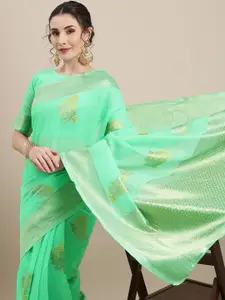 Saree mall Sea Green Paisley Linen Blend Banarasi Saree
