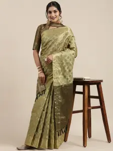 Saree mall Olive Green Ethnic Motifs Silk Blend Banarasi Saree