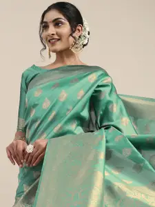 Saree mall Green Ethnic Motifs Silk Blend Banarasi Saree