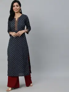 Nayo Women Navy Blue Ethnic Motifs Printed Cotton Kurta