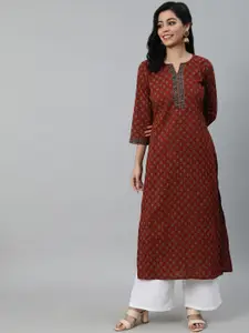 Nayo Women Maroon Ethnic Motifs Printed Cotton Kurta