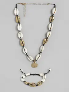 EL REGALO White & Gold Cawrie Themed Necklace & Bracelet Set