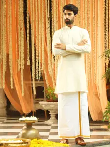 VASTRAMAY Men Cream-Coloured Pure Cotton Kurta with Mundu