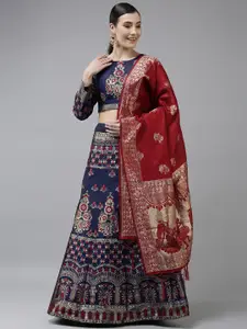 DIVASTRI Red & Blue Woven Design Semi-Stitched Lehenga & Unstitched Blouse With Dupatta