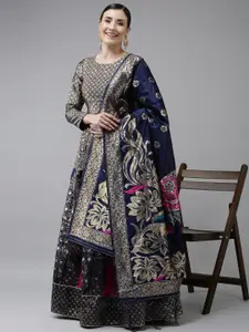 DIVASTRI Navy Blue & Gold-Coloured Semi-Stitched Lehenga & Unstitched Blouse With Dupatta