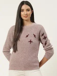 BROOWL Women Nude-Coloured & Maroon Floral Embroidered Pullover