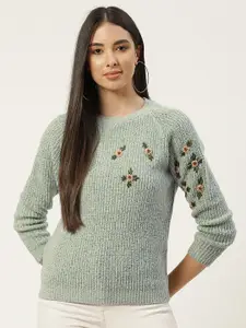 BROOWL Women Green & Mustard Floral Embroidered Pullover