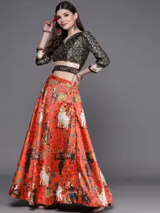Mitera Red & Beige Block Print Zari Semi-Stitched Lehenga & Unstitched Blouse