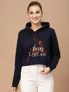KASSUALLY Women Deep Navy Blue Typography Christmas Update Sweatshirt