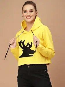 KASSUALLY Women Bright Yellow Conversational Cropped Sweatshirt