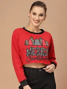 KASSUALLY Women Red Alphanumeric Christmas Update Sweatshirt