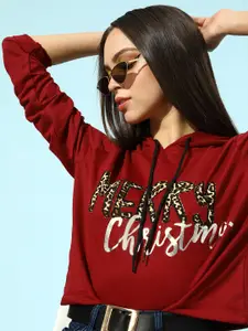 KASSUALLY Women Charming Maroon Typography Christmas Update Sweatshirt