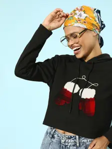 KASSUALLY Women Stylish Black Graphic Cropped Sweatshirt