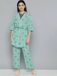 Chemistry Women Sea Green Printed Pure Cotton Kaftan Night suit