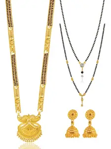 Brandsoon Gold-Plated & Black Brass Beaded 3 Managalsutra With Earrings