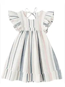 THE BABY ATELIER Girls Grey & Pink Striped Pure Cotton Nightdress