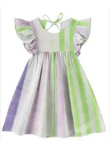 THE BABY ATELIER Girls Purple & Green Striped Pure Organic Cotton Nightdress