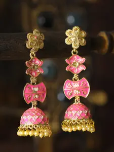 Priyaasi Gold-Toned & Pink Floral Drop Earrings