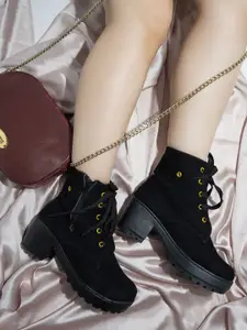 Shoetopia Black Suede High-Top Block Heeled Boots