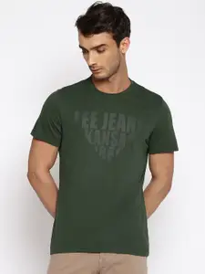 Lee Men Olive Green Brand Logo Printed Slim Fit Cotton T-shirt