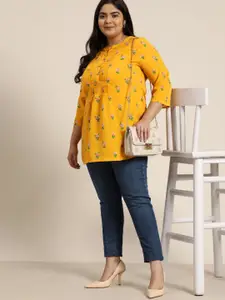 Sztori Women Plus Size Mustard Yellow Floral Print Pleated Short Kurti
