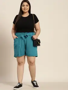 Sztori Women Plus Size Turquoise Blue Solid Shorts