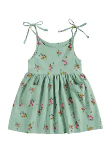 THE BABY ATELIER Girls Green & Yellow Floral Printed Pure Organic Cotton Nightdress