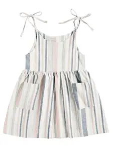 THE BABY ATELIER Girls Grey & Off-White Striped Pure Organic Cotton Nightdress
