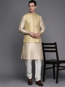 Manu Men Cream-Coloured Solid Kurta with Churidar & Jacket