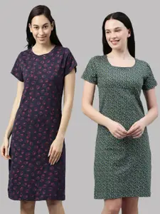 Kryptic Woman Pack Of 2 Navy Blue & Green Printed Cotton Night Dress