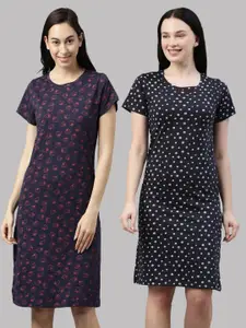 Kryptic Kryptic Pack Of 2 Navy Blue Printed Pure Cotton Nightdress