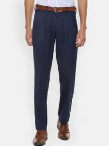 Louis Philippe Men Navy Blue Pleated Trousers