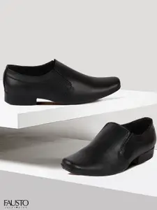 FAUSTO Men Black Solid Leather Formal Slip-Ons