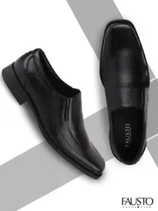 FAUSTO Men Black Solid Genuine Leather Formal Slip-Ons