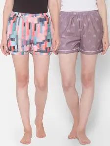 FashionRack Woman Pack of 2 Purple & Blue Printed Lounge Shorts