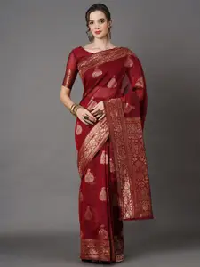 Mitera Rust Ethnic Motifs Linen Blend Banarasi Saree