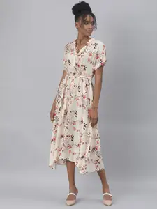 RAREISM Off White & Multicoloured Floral Printed A-Line Midi Dress With Belt
