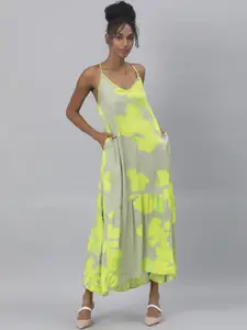 RAREISM Grey & Fluorescent Green Floral Maxi Dress