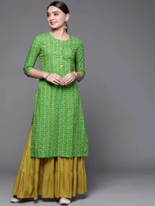 Biba Women Green & Yellow Pure Cotton Printed Straight Kurta