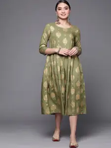 Biba Women Olive Green & Golden Ethnic Motifs Print A-Line Midi Dress