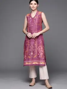 Biba Women Purple & Brown Pure Cotton Ethnic Motifs Printed V-Neck Sleeveless  Kurta