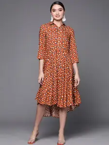 Biba Women Rust Orange & Cream-Coloured Geometric Print A-Line Midi Dress