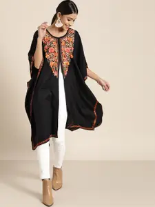 Sangria Women Black & Yellow Aari Work Yoke Design Kashmiri Embroidered High-Low Pheran