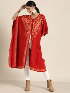 Sangria Women Red & Yellow Floral Embroidered Extended Sleeves Kaftan Kurta