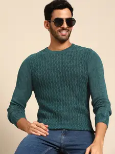 United Colors of Benetton Men Teal Green Pure Cotton Self Design Pullover
