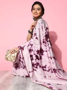 Saree mall Purple & White Tie and Dye Silk Blend Saree with Unstitched Blouse Piece