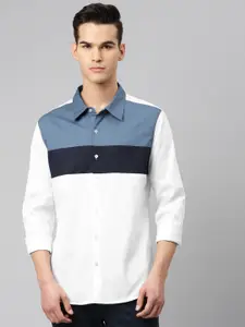 Hubberholme Men White & Navy Blue Cotton Horizontal Stripes Casual Shirt