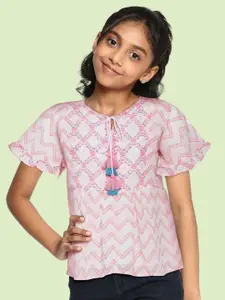 Global Desi Pink Chevron with Floral Print Tie-Up Neck Peplum Top