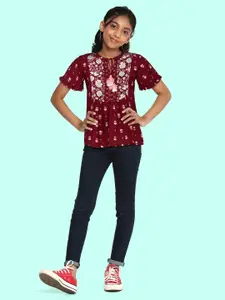 Global Desi Maroon Floral Print Tie-Up Neck A-line Top