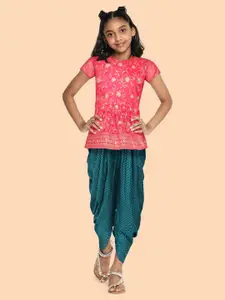 Global Desi Girls Pink Printed Top with Teal Blue Dhoti Pants